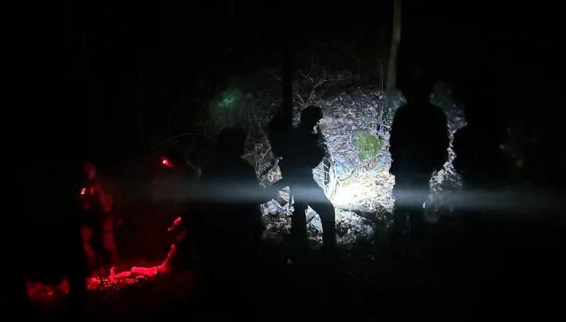 An NCRT team searching the woods at night with headlamps